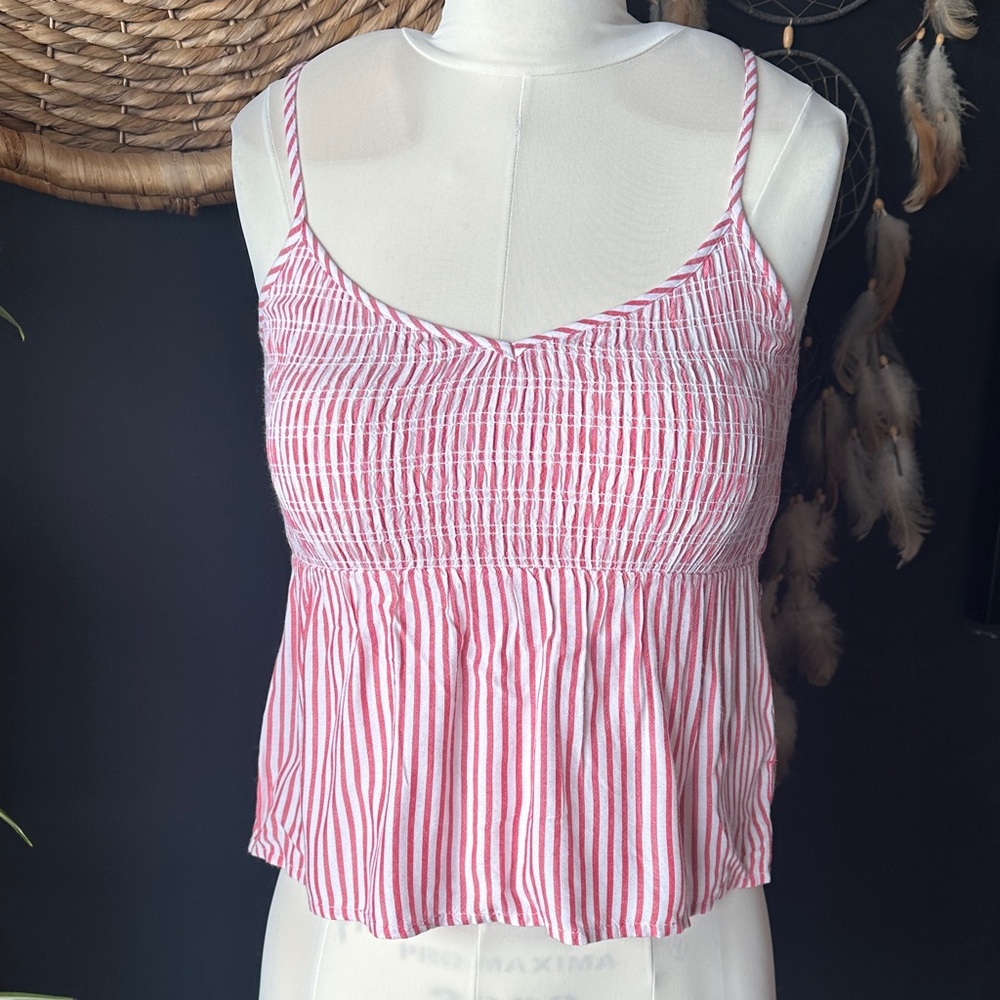 Hollister Pink and White Striped Smocked Cami